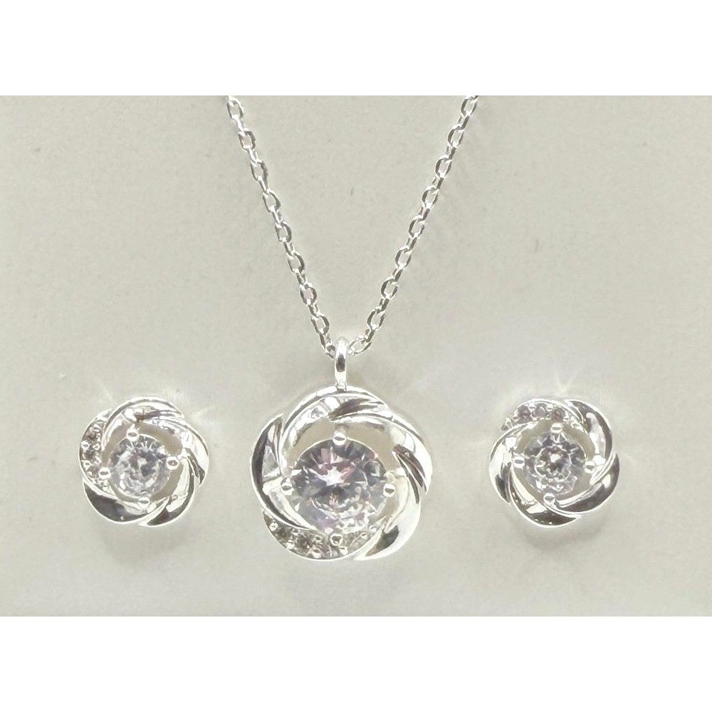Necklace & Stud Earrings Set New Silver Rhinestone Sparkle Swirl Crystal Pendant